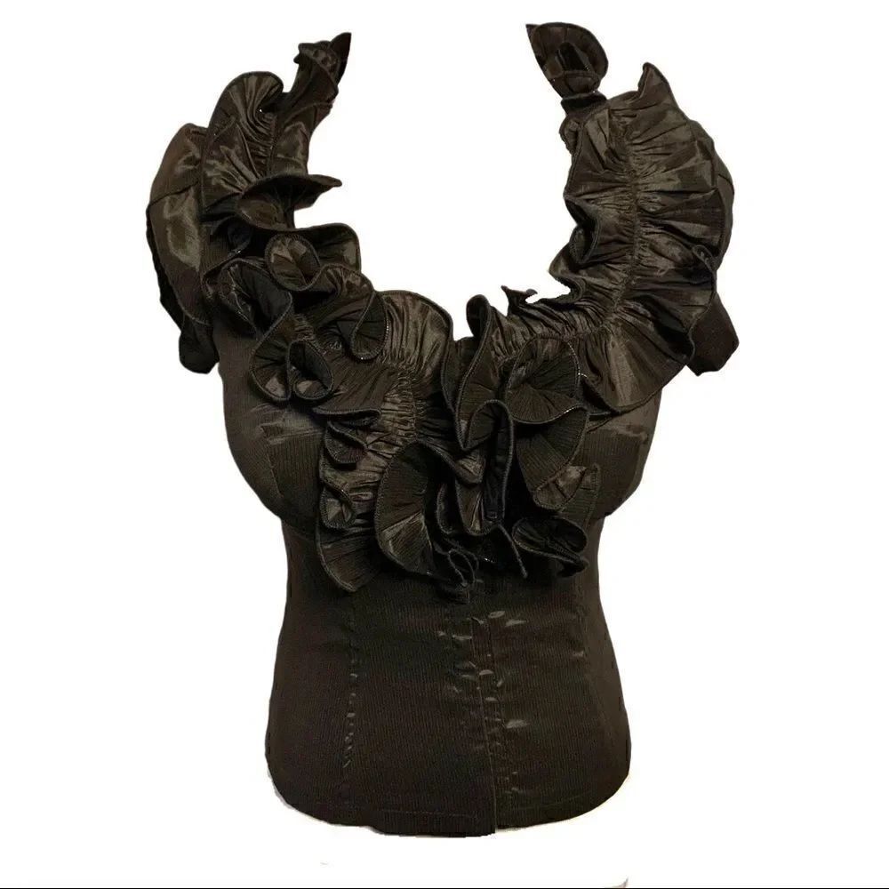 New! Moa Metallic Black Ruffle Top Sz M